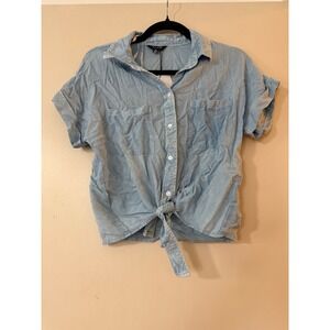 SIM & SAM Womens Light Blue Chambray Tie Front Short Sleeve Button Shirt Size M